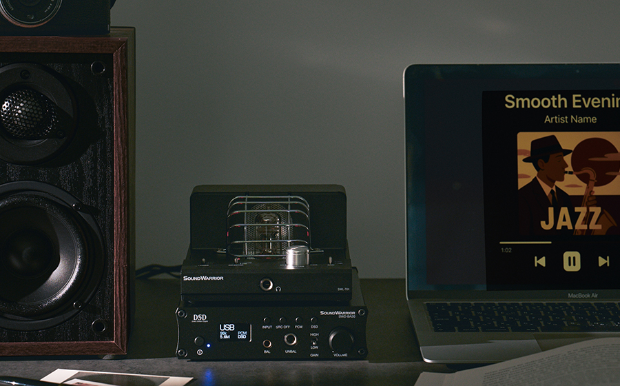城下工業 SOUND WARRIOR サウンドウォーリア バランスヘッドホンアンプ SWD-BA30 日本製 ハイブリッド真空管アンプSWL-T01とノートパソコン スピーカーSW-SP1