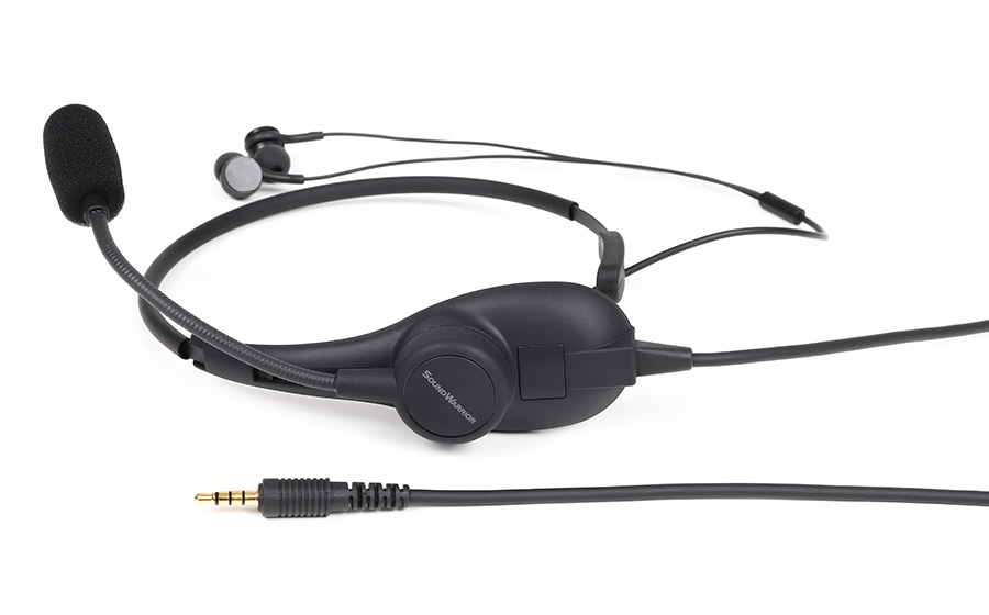 日本製の城下工業 SOUND WARRIORのヘッドセットSW-NS1で首にかけるタイプのネックセットマイクでイヤホンをつけて使う頭を締め付けないタイプ